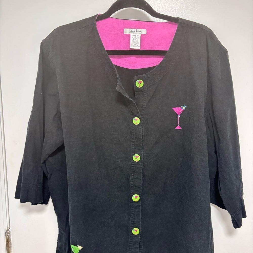 Vintage Stylish Black Button-Down Shirt with Pink and Green Accents